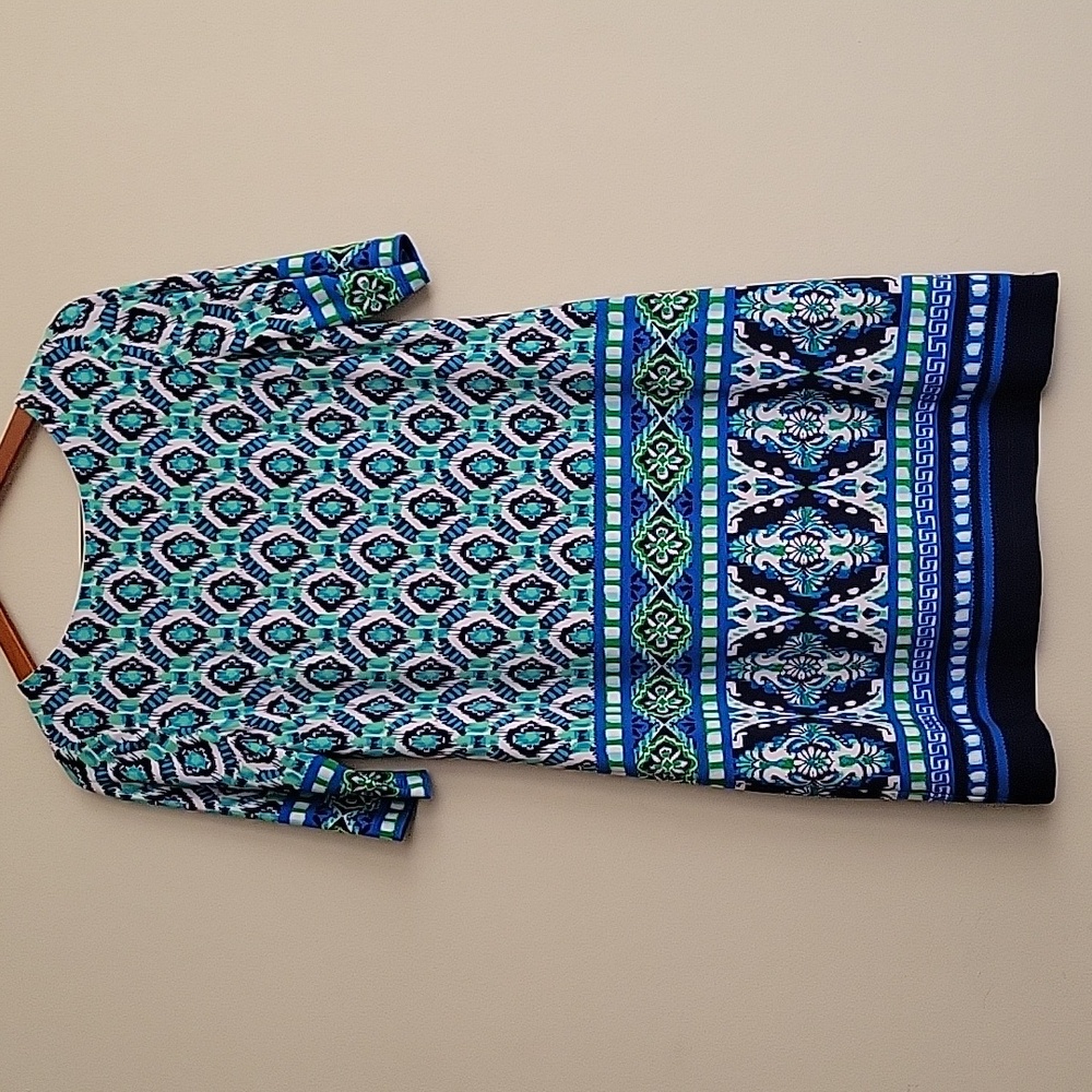 Eliza J. Blue and Green Geometric Patterned Shift Dress Size 8